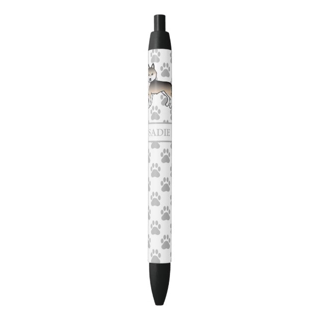 Stylo Noir Sable Husky Sibérien Chien de Dessin Animé & Nom (devant Vertical)