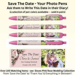 Stylo Noir Sauvegarder la date - Photo + Roses roses et colom