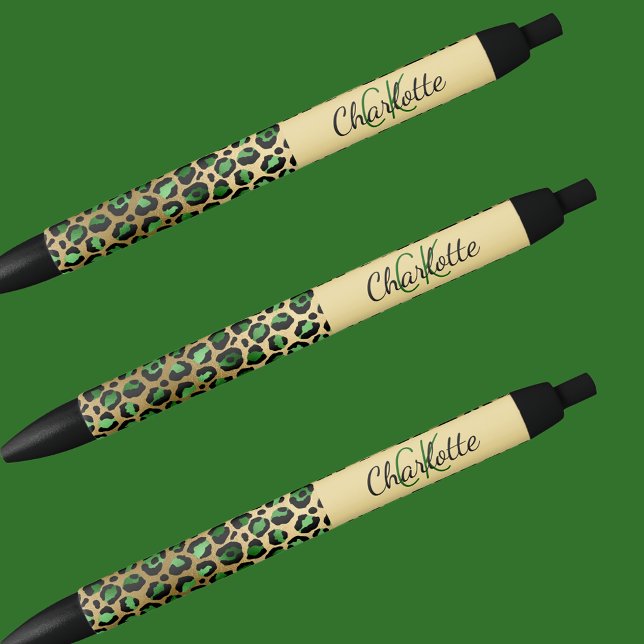 Stylo Noir Signature de nom de monogramme vert or léopard (Créateur téléchargé)