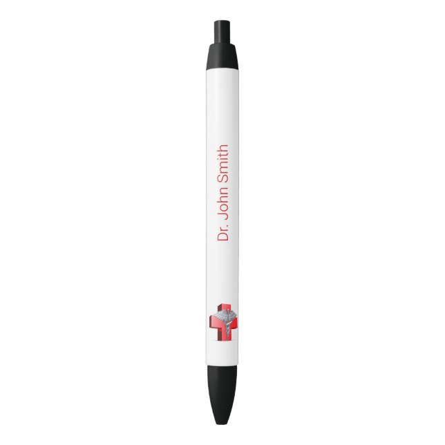 Stylo Noir Silver Médicale 3D Caduceus Croix Rouge (devant Vertical)