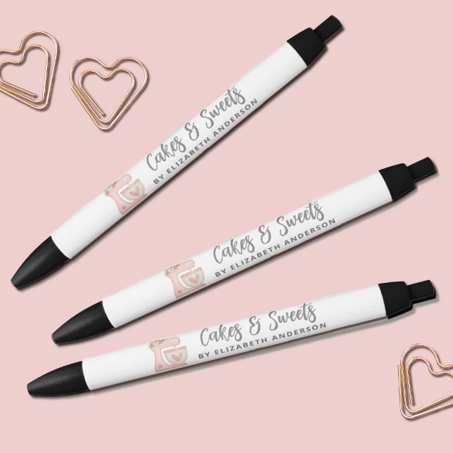 Stylo Noir Simple Mélangeur Floral Boulangerie (Cute pink mixer bakery business pens. Personalize them with your name)
