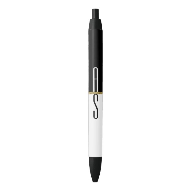 Stylo Noir Simple Moderne Noir Blanc & Or Paillettes Monogram (devant Vertical)