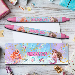 Stylo Noir Sirènes Paillettes Rose Violet Ajouter Nom