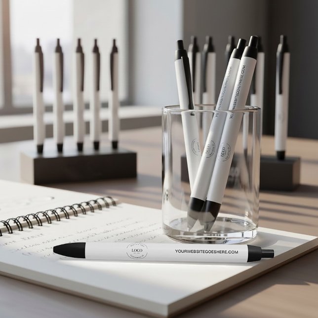 Stylo Noir Site Web de logo personnalisable simple entreprise (Customizable business logo and website on white pens.)