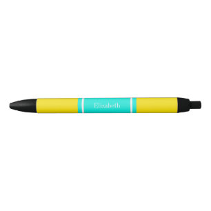 Stylo Noir Solide Jaune, Bright Aqua Ribbon Nom Monogramme