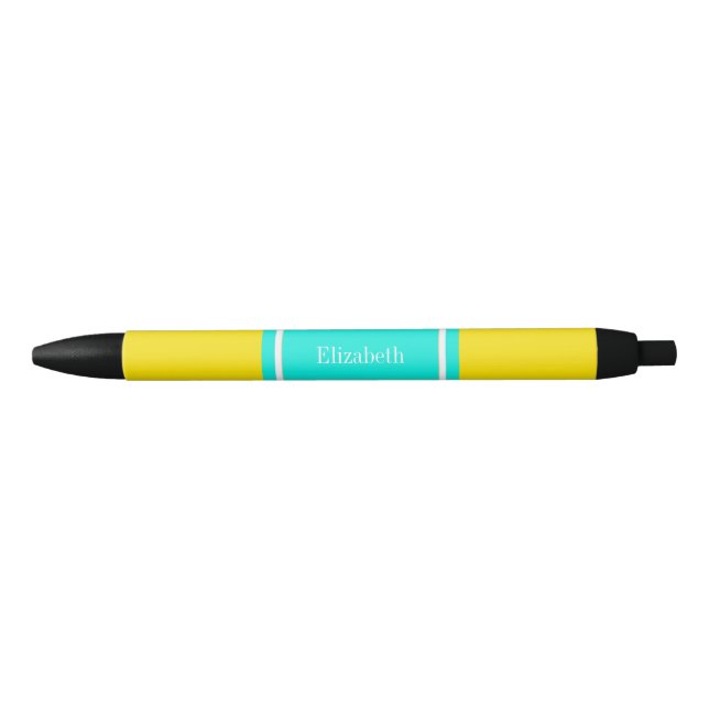 Stylo Noir Solide Jaune, Bright Aqua Ribbon Nom Monogramme (Devant)
