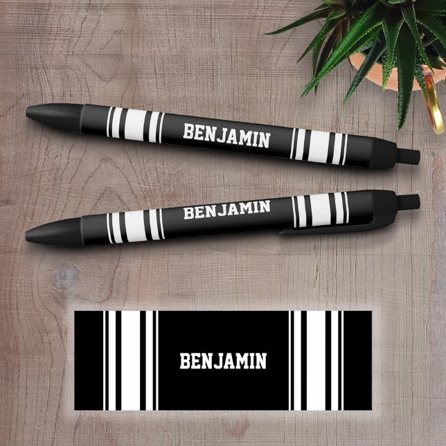 Stylo Noir Sports Jersey Black and White Stripes Personnalisé (Personalized Writing Pens - add your name, monogram or other text)