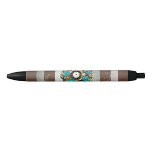 Stylo Noir Steampunk Clock and Turquoise Roses on Striped