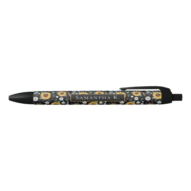 Stylo Noir Sunflowers Aquarelle Nom personnalisé (Haut)