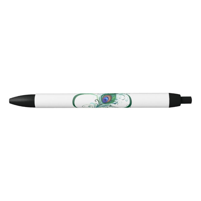Stylo Noir Symbole d'infini avec plume de paon (Devant)