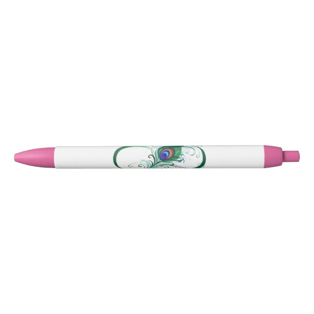 Stylo Noir Symbole d'infini avec plume de paon (Devant)