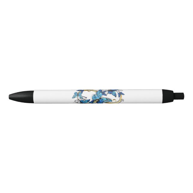 Stylo Noir Symbole infini de papillons Morpho bleus (Devant)