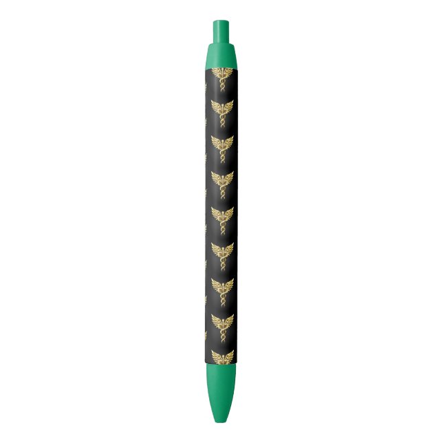 Stylo Noir Symbole Polygonal Or Caduceus (devant Vertical)