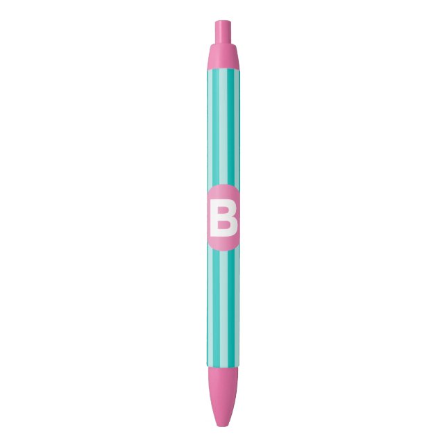 Stylo Noir Teal Blue Vertical Striped Pink Circle Monogram (devant Vertical)