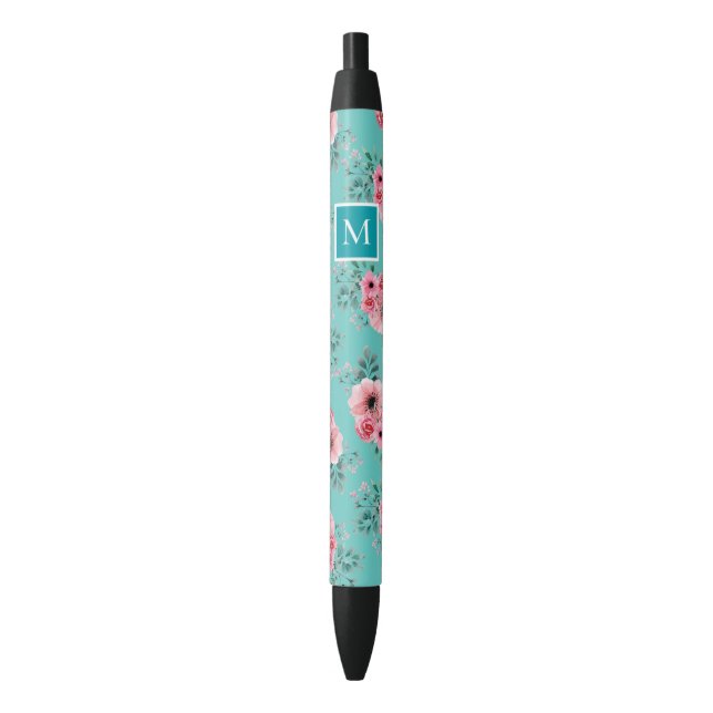 Stylo Noir Teal | Monogramme Floral Rose & Vert (devant Vertical)