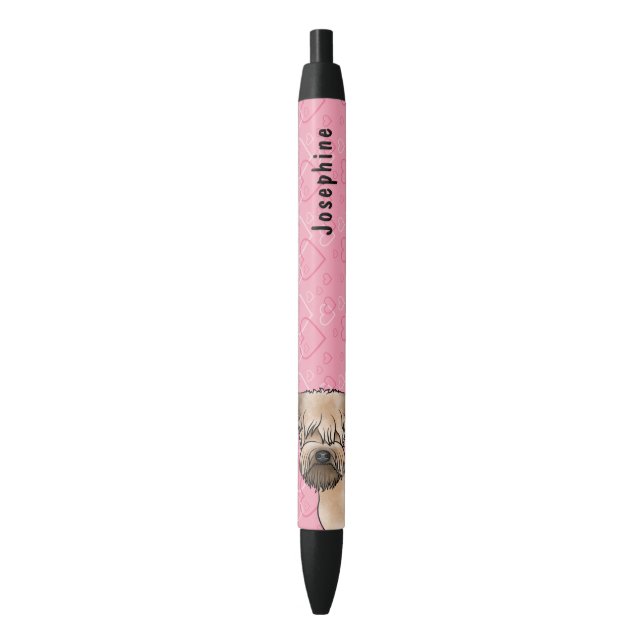 Stylo Noir Tête De Terrier Roue Sur Coeurs Roses (devant Vertical)