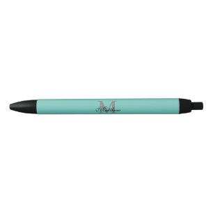 Stylo Noir Texte initial et nom personnalisé turquoise