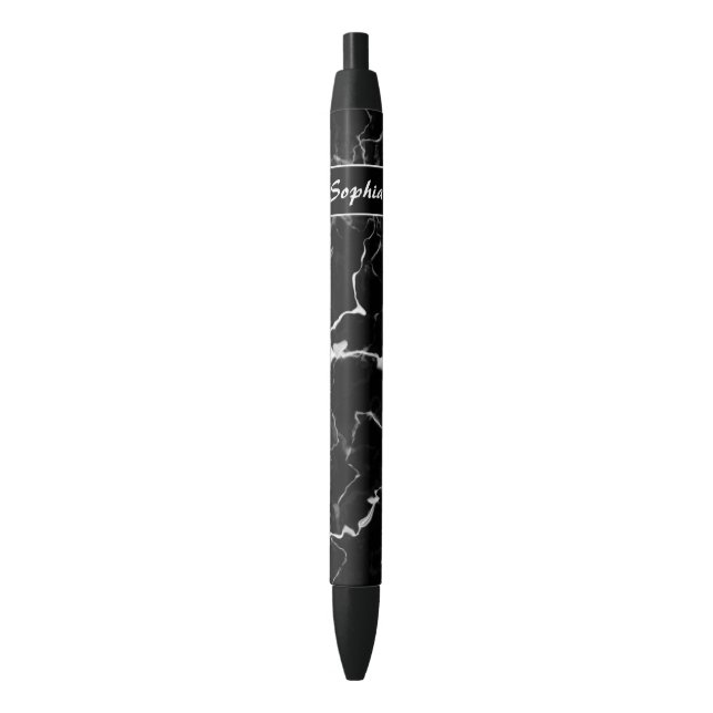 Stylo Noir Texture de faux marbre noir avec nom personnalisé (devant Vertical)