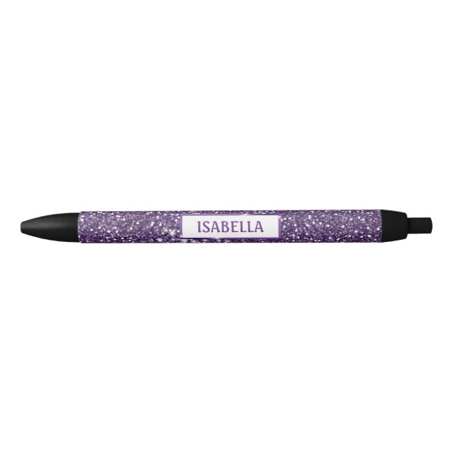 Stylo Noir Texture de Faux Paillettes Violettes avec Nom Pers (Devant)