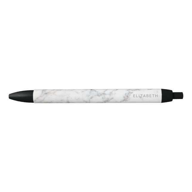 Stylo Noir Texture de marbre blanc faux aspect & nom personna (Devant)