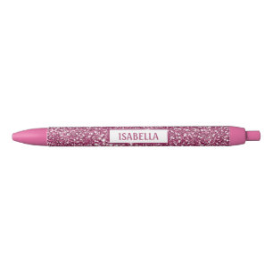 Stylo Noir Texture de paillettes roses fausses avec nom perso