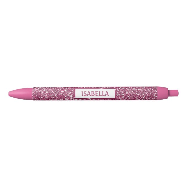 Stylo Noir Texture de paillettes roses fausses avec nom perso (Devant)