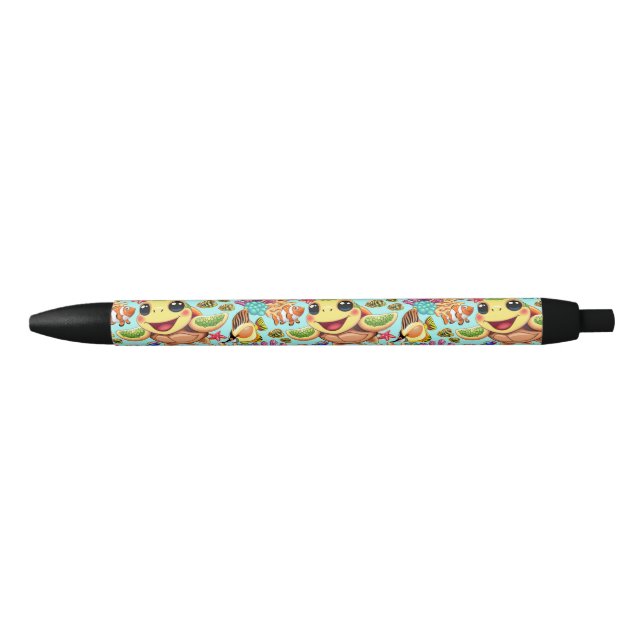 Stylo Noir Tortue de mer bébé heureuse et mignonne (Devant)