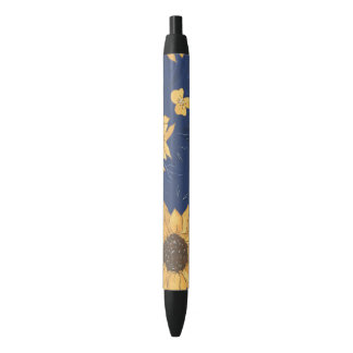 Stylo Noir Tournesol jaune et plume bleu marine