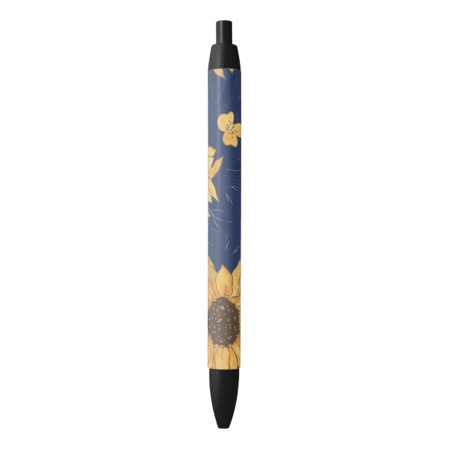 Stylo Noir Tournesol jaune et plume bleu marine (devant Vertical)