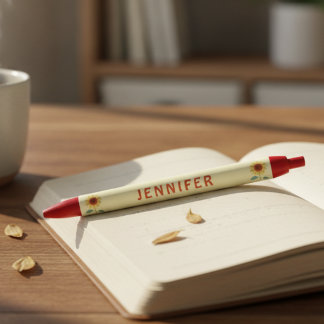 Stylo Noir Tournesols fantaisistes avec nom personnalisé