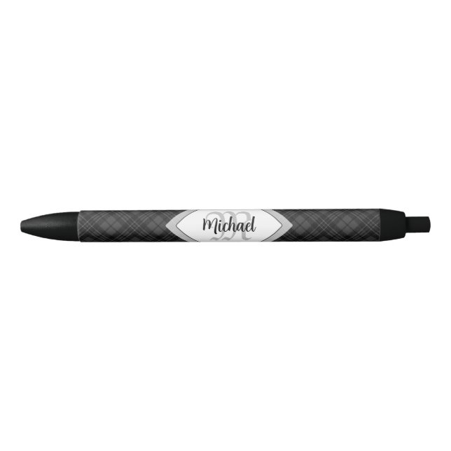 Stylo Noir Trendy noir blanc tartan Personnaliser Monogramme (Devant)