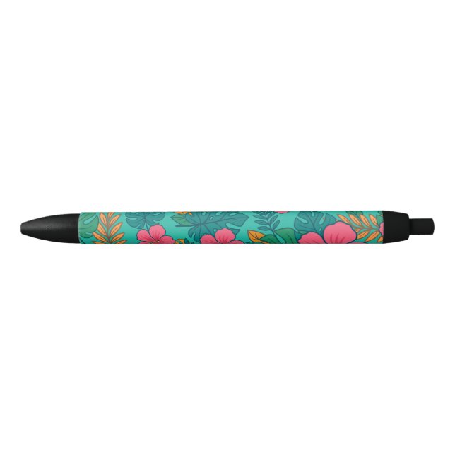 Stylo Noir Tropical Hibiscus and Palm Leaf Pattern  (Devant)