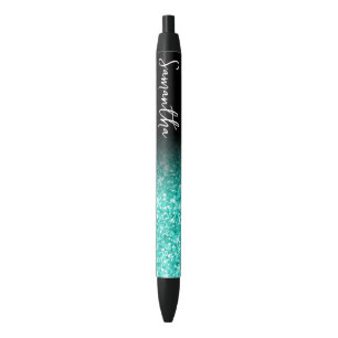 Stylo Noir Turquoise Pailleté Ombre de Luxe Personnalisé