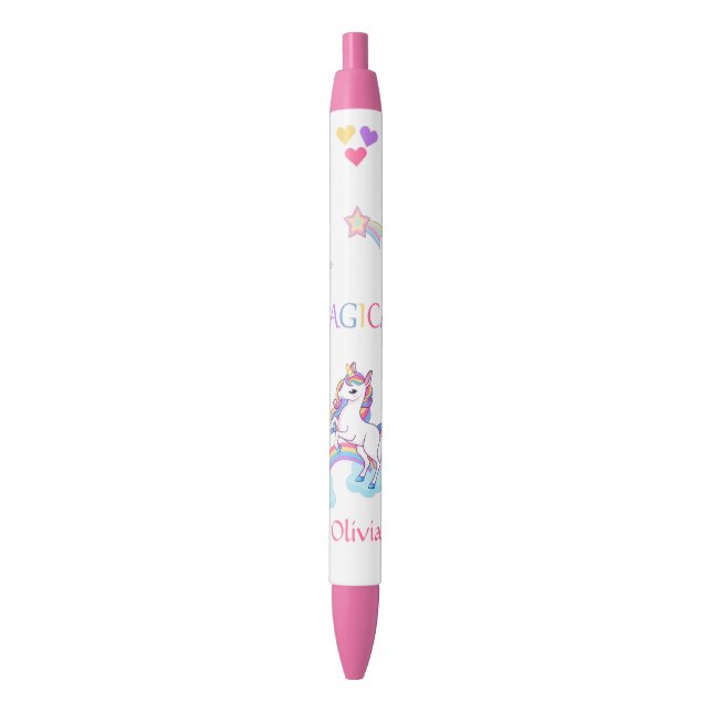 Stylo Noir Unicorne Magique Et Arc-En-Ciel Personnalisé (devant Vertical)