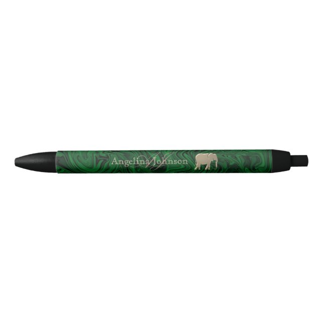 Stylo Noir Vert émeraude et éléphant doré monogrammé (Devant)