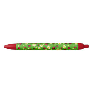 Stylo Noir vert mignon de motif de fleur de coccinelle et de