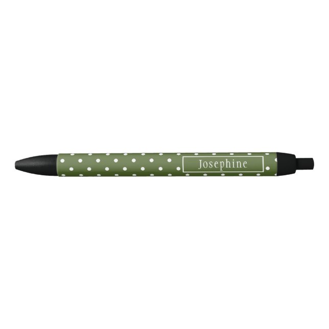 Stylo Noir Vert olive et pois blancs avec nom (Devant)