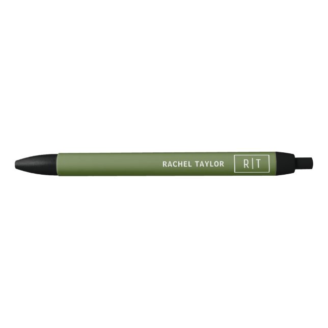 Stylo Noir Vert olive foncé simple monogramme moderne (Devant)