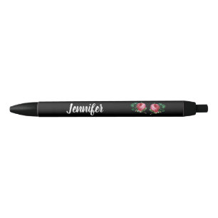 Stylo Noir Vintage rose fleur nom personnalisé noir