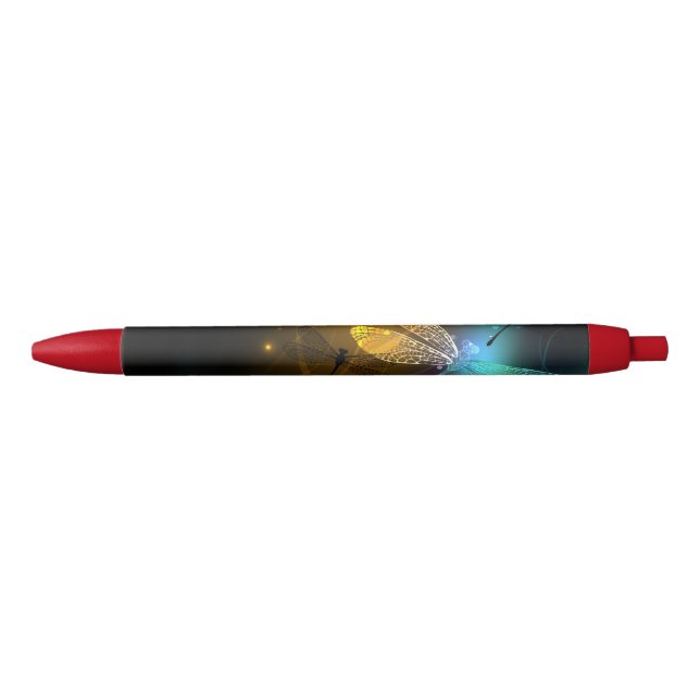 Stylo Noir Vol de libellule verte lumineuse (Devant)