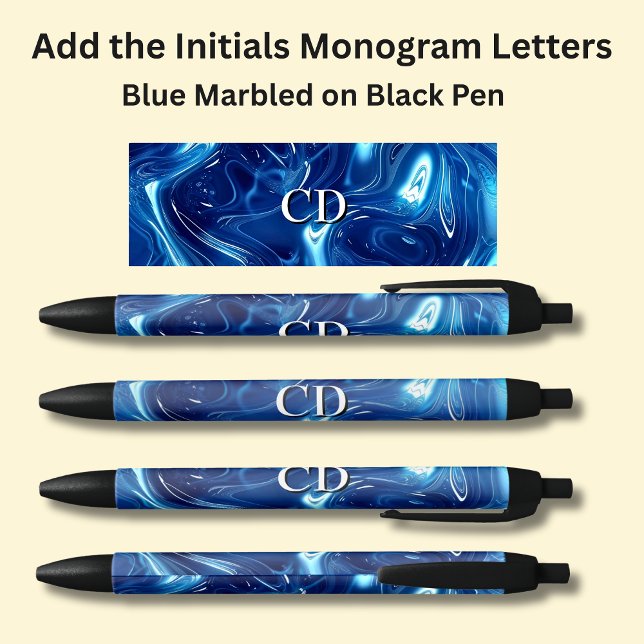 Stylo Noir Vos Initiales Monogramme Bleu Marbré (Créateur téléchargé)