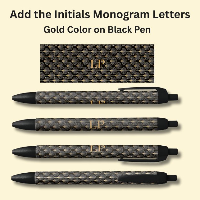 Stylo Noir Vos initiales Monogramme Or Géométrique sur Noir (Créateur téléchargé)
