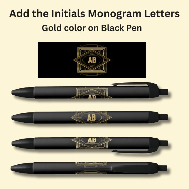 Stylo Noir Vos initiales Monogramme Or Géométrique sur Noir (Créateur téléchargé)