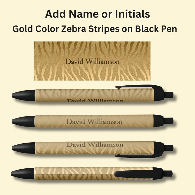 Stylo Noir Votre nom ou vos initiales sur Gold Zebra Stripes (Créateur téléchargé)