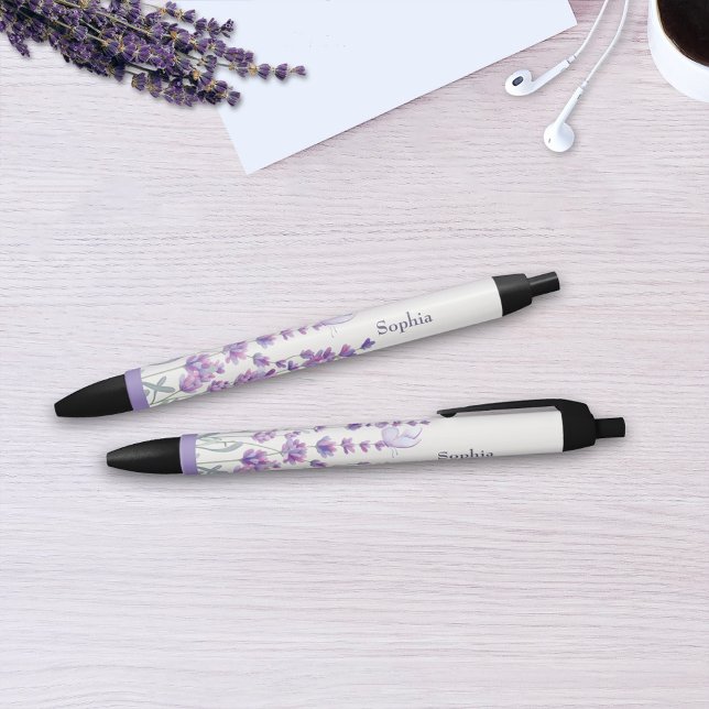 Stylo Noir Watercolor Lavender Floral Monogram Name Pen (Créateur téléchargé)