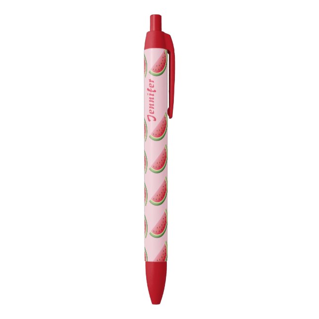 Stylo Noir Watermelon Slices Motif sur rose et nom personnali (Bas (Vertical))