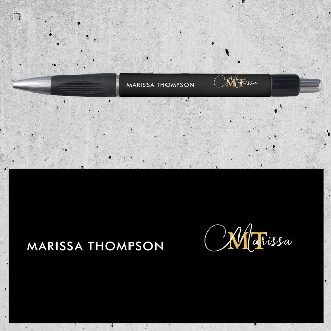 Stylo Nom élégant en script personnalisé avec monogramme (Elegant Black Gold Custom Monogram Script Name Pen)
