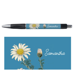 Stylo Nom personnalisé Vintage Daisy Dusty Blue Script T