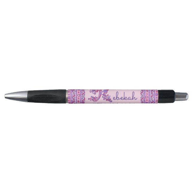 Stylo Nom Rebekah commençant par R fleurs de cœur (Devant)