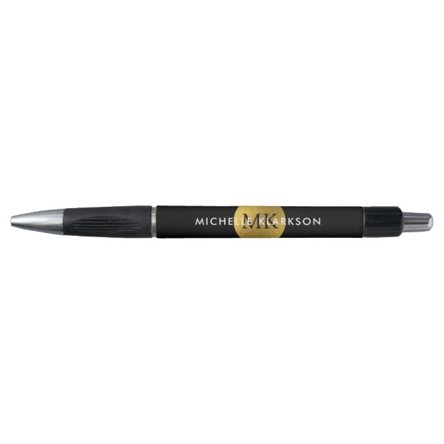 Stylo Or Noir Monogramme Initial Nom Luxe Personnalisé (Devant)
